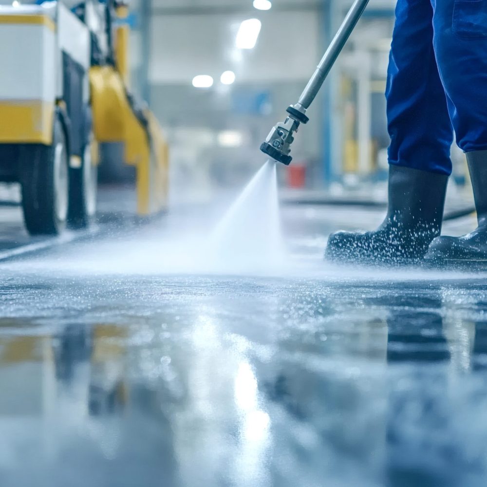 cleaning staff member washing floor with high pressure washer in building